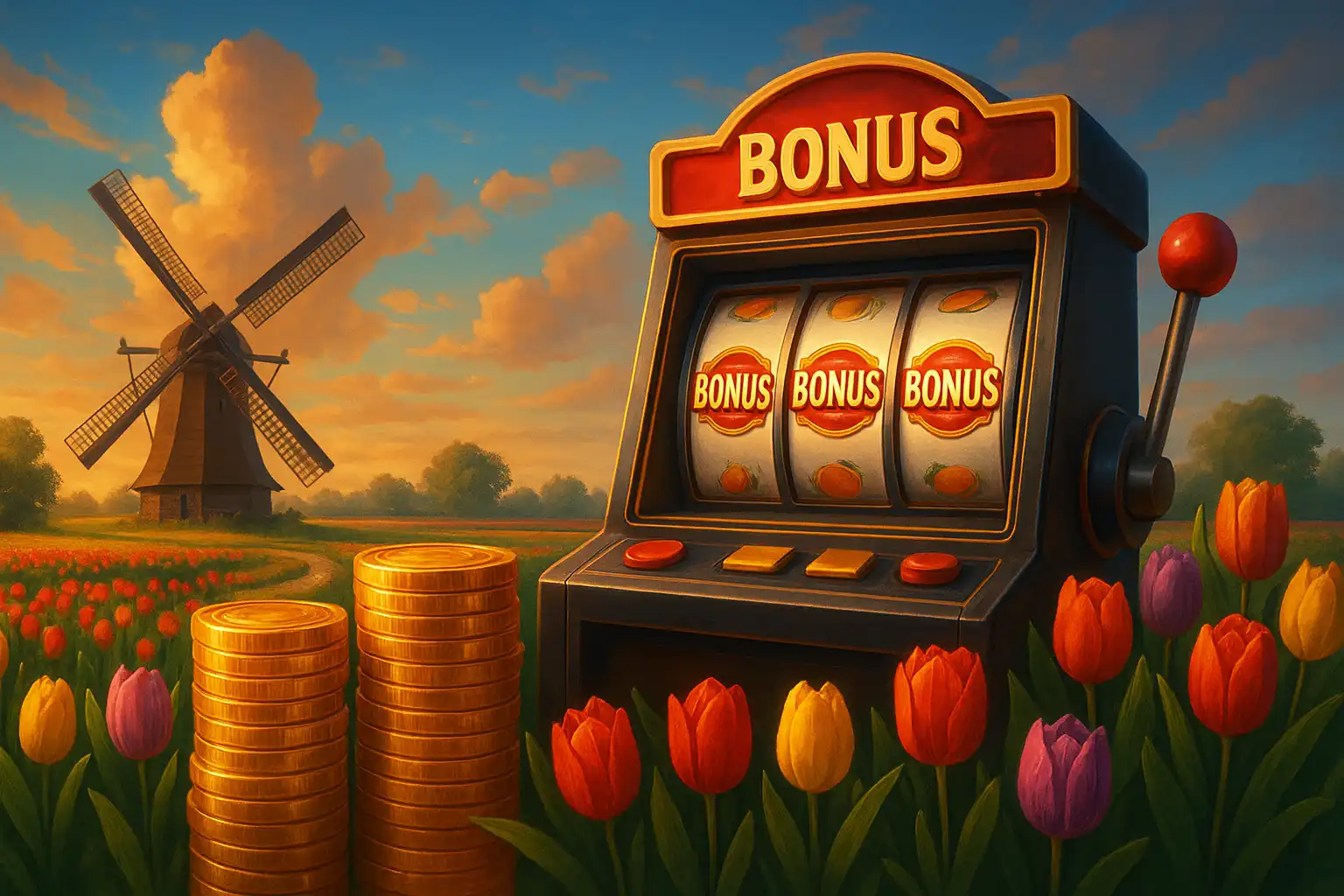 Stapels gouden munten en tulpen naast een gokkast die bonussymbolen toont