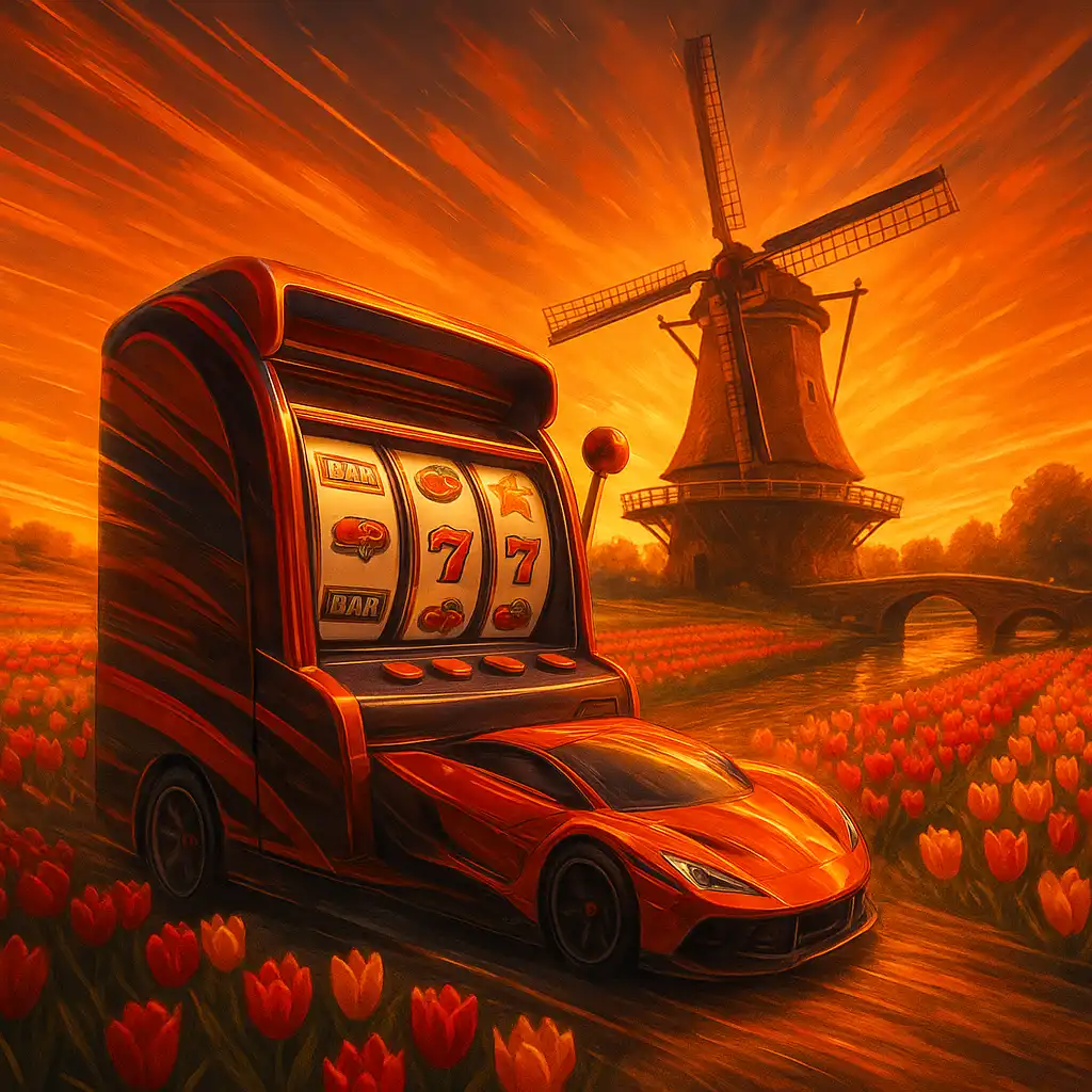Racewagen-geïnspireerde gokkast voor een gigantische windmolen tussen kleurrijke tulpenvelden